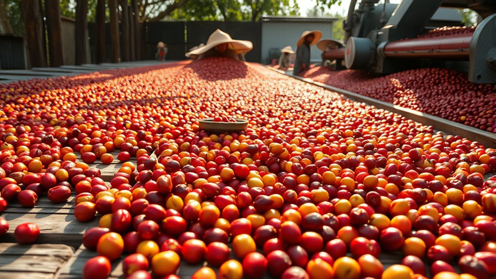 coffee cherries drying and milling