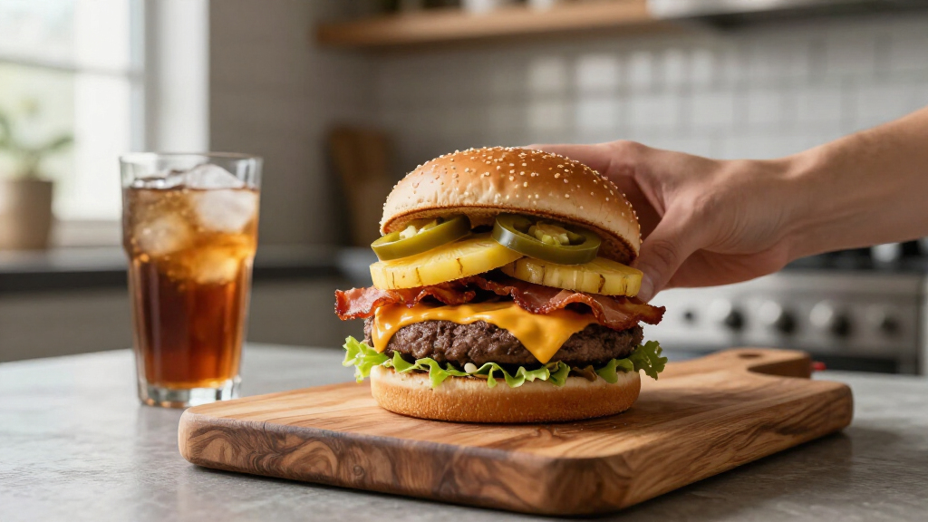 Jalapeno, Pineapple, Bacon, Smoked Pepper Jack Smash Burger.